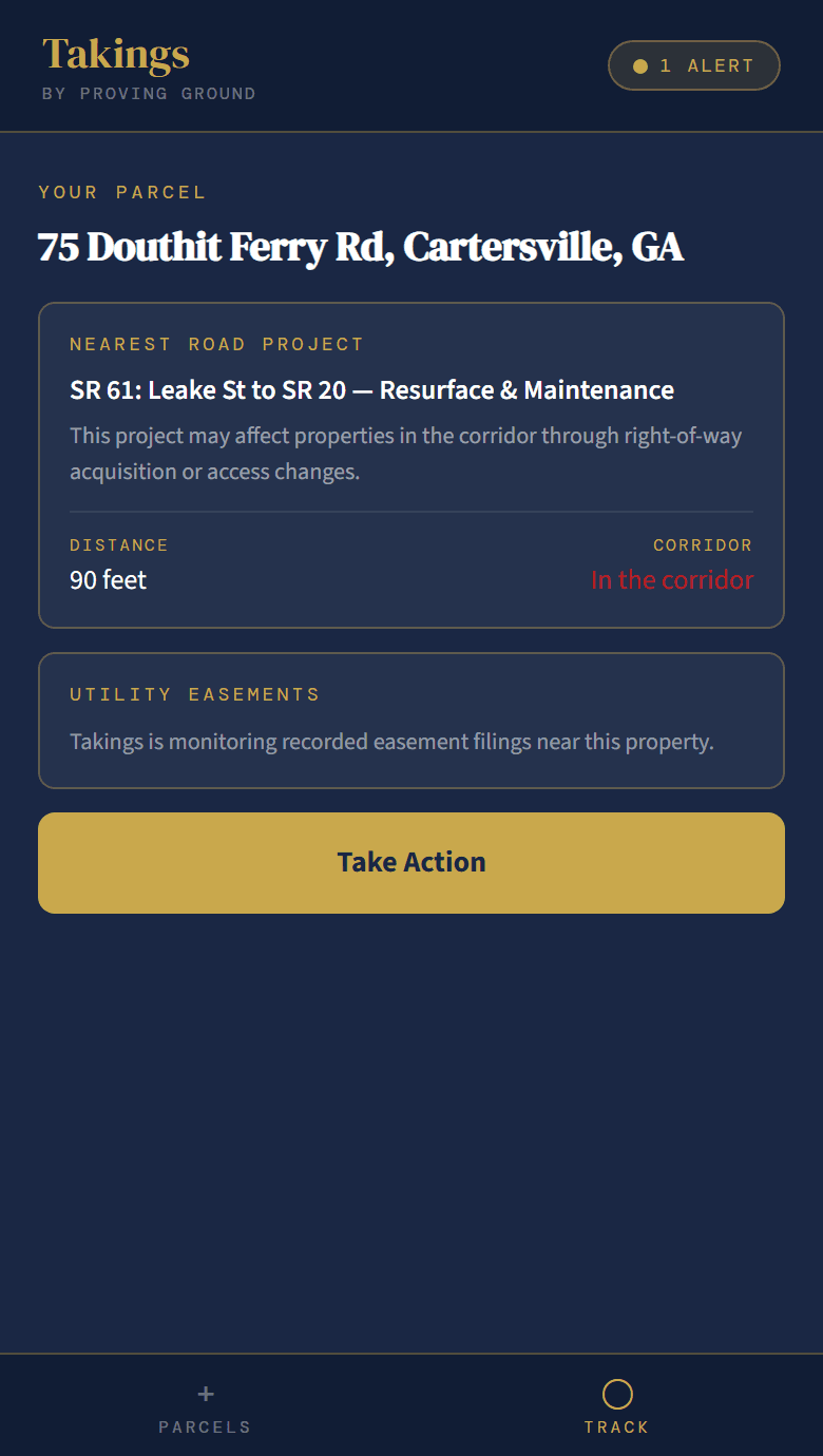 Takings app showing a live Douthit Ferry Road project signal